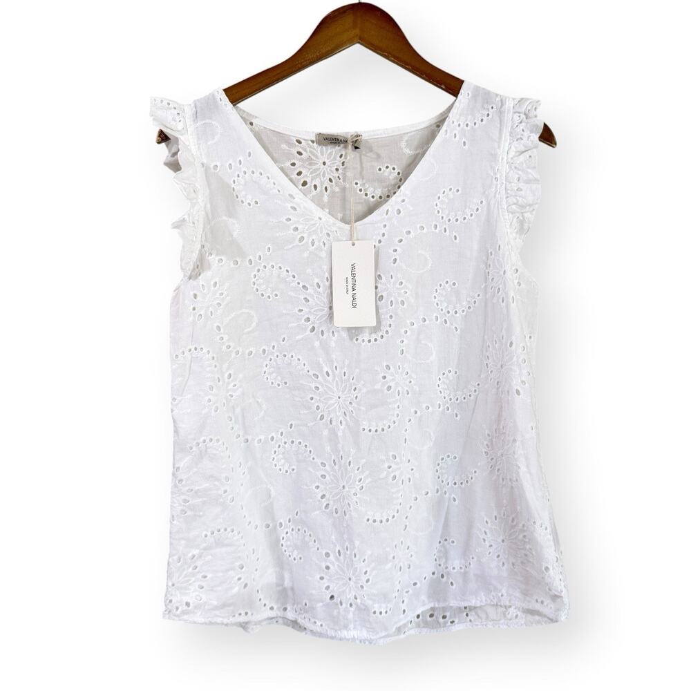 VALENTINA NALDI Size L White Eyelet Flutter Ruffle Top Made in Italy Cotton NWT